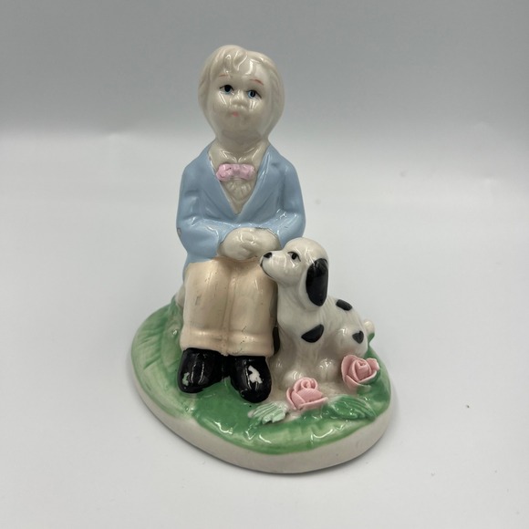 Vintage Boy and Dog Figurine with Roses, Ceramic Decor Collectible Cute - Picture 1 of 8